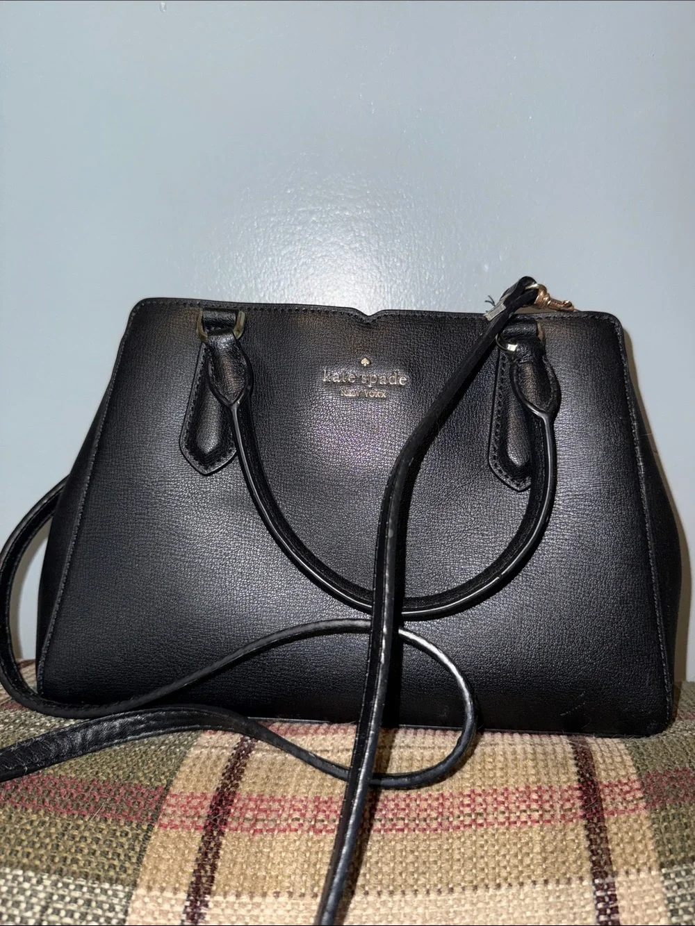 kate spade black Saffiano leather satchel with gold logo